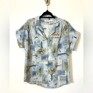 Vintage Cabin Creek Button Up Shirt Size Medium Blue Safari‎ Jungle Zoo 90s Boxy